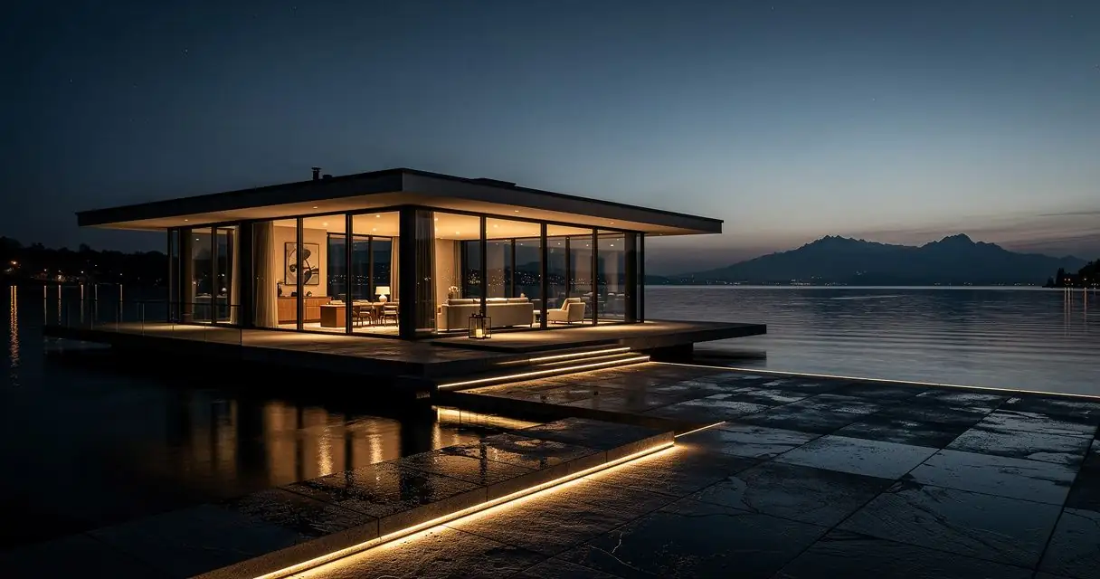 Alarmanlage fürs Haus — EAK Security Modernes Haus am Bodensee bei Nacht mit Alarmanlage — EAK Security, Alarm- und Sicherheitstechnik seit 1972