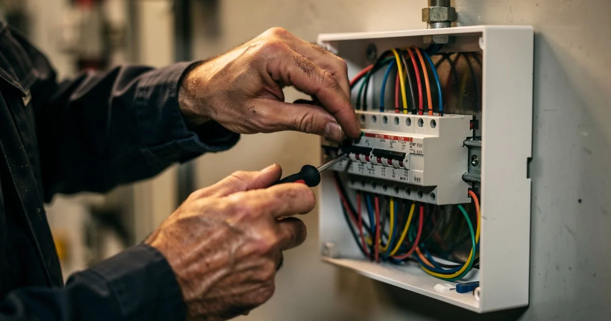 Über uns — EAK Security Techniker-Hände bei der Montage und Verdrahtung eines Alarm-Bedienteils — EAK Security seit 1972